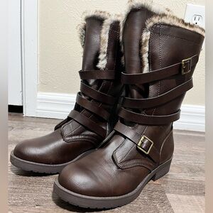 Kohl's SO Brown Faux Fur-Trim Mid-Calf Strap Boots